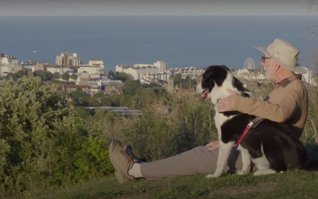 A person sitting on a hill with a dog

Description automatically generated with medium confidence